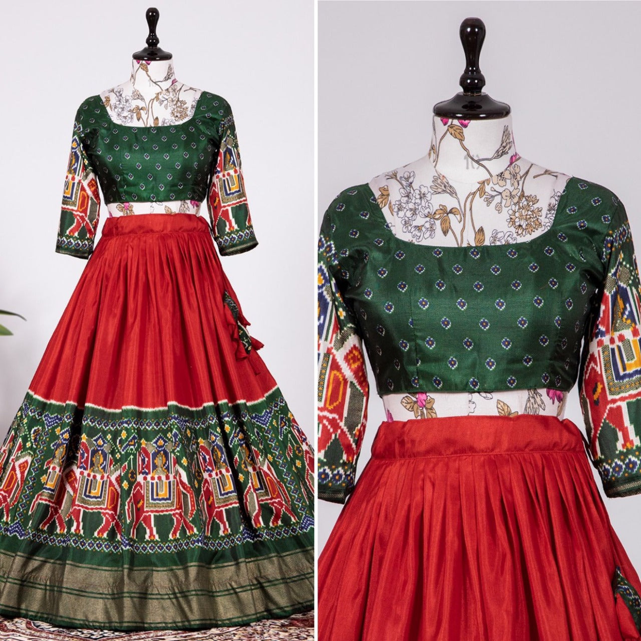 Patola print lehenga in gola silk | green with Red ghagra