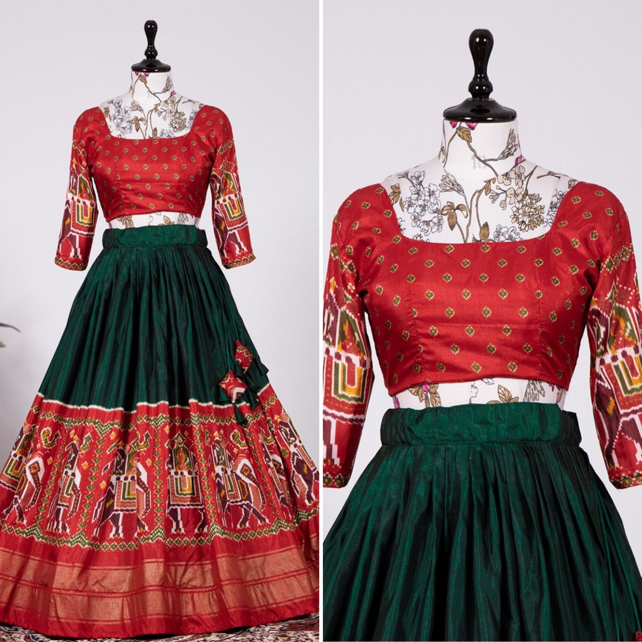 Patola print lehenga in gola silk | red with blue ghagra