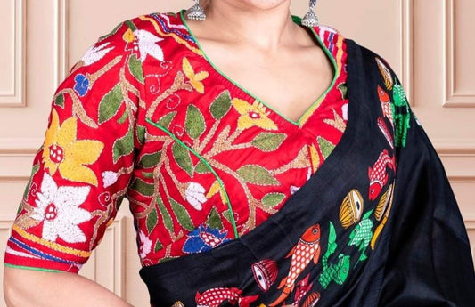 Nakshi kantha blouse- Multicolour florals on Red