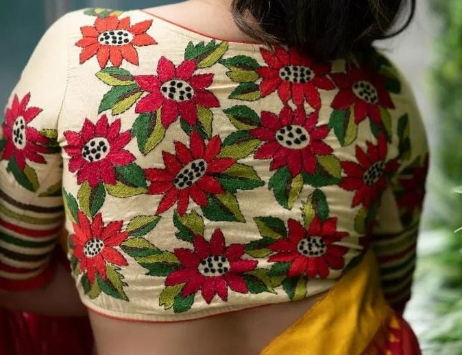 Nakshi kantha blouse- Florals on white
