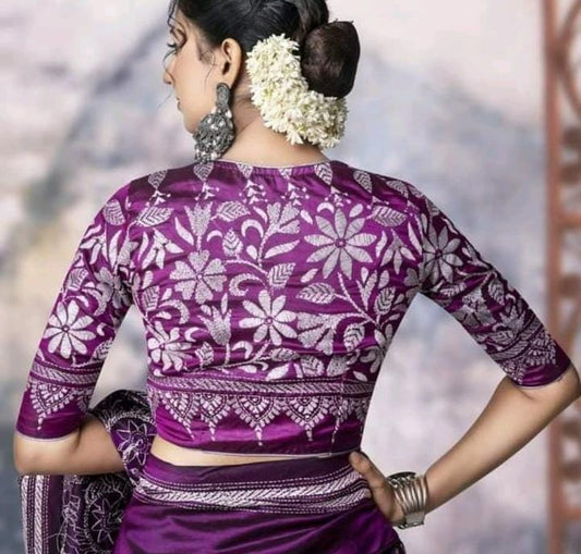 Nakshi kantha blouse- White florals on Purple