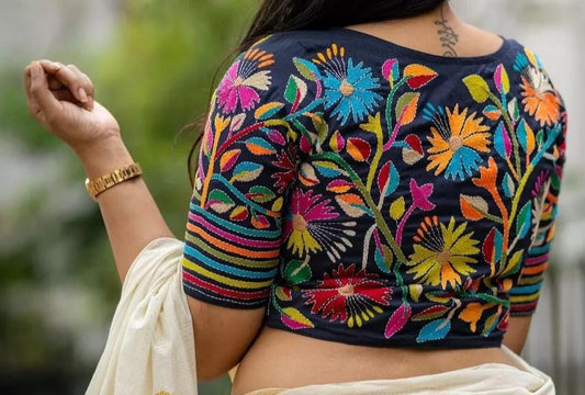 Nakshi kantha blouse- Multicolour florals on black