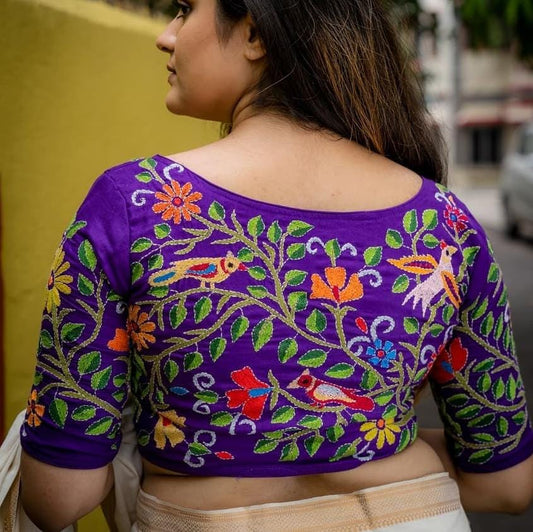 Nakshi kantha blouse- Multicolour florals on Purple