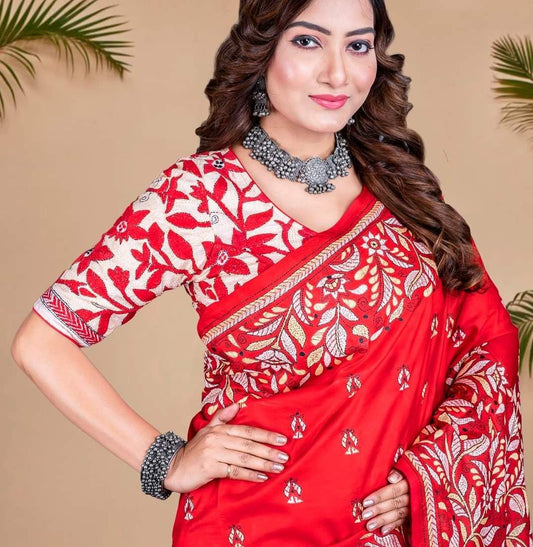 Nakshi kantha blouse- Red Florals on white