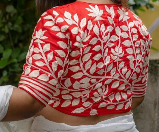 Nakshi kantha blouse- White florals on Red