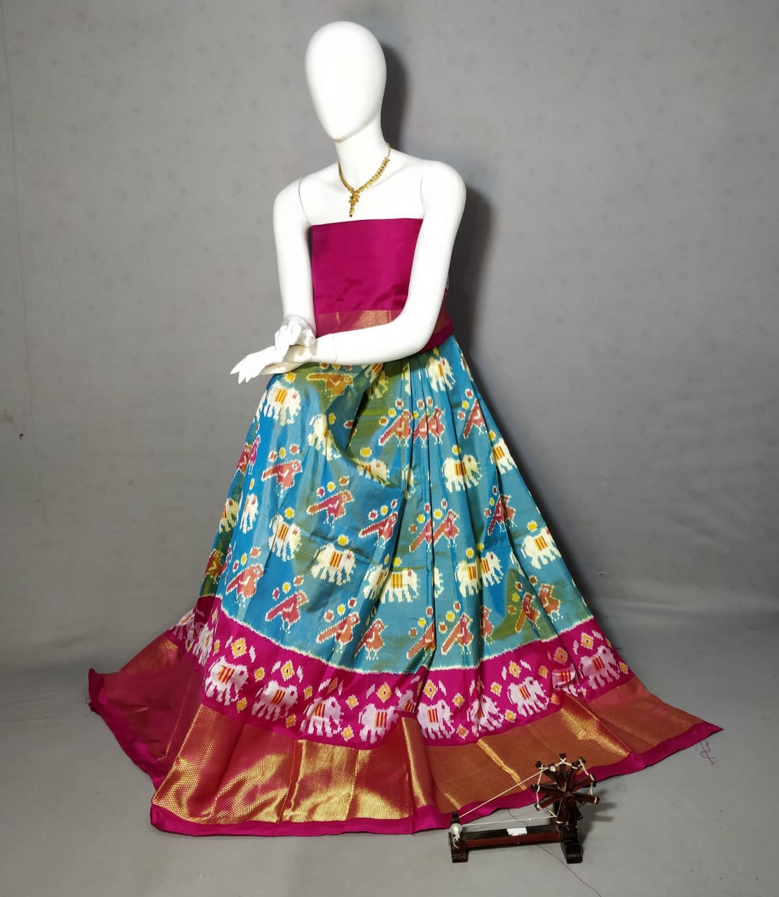 Ikkat lehenga with bird motifs