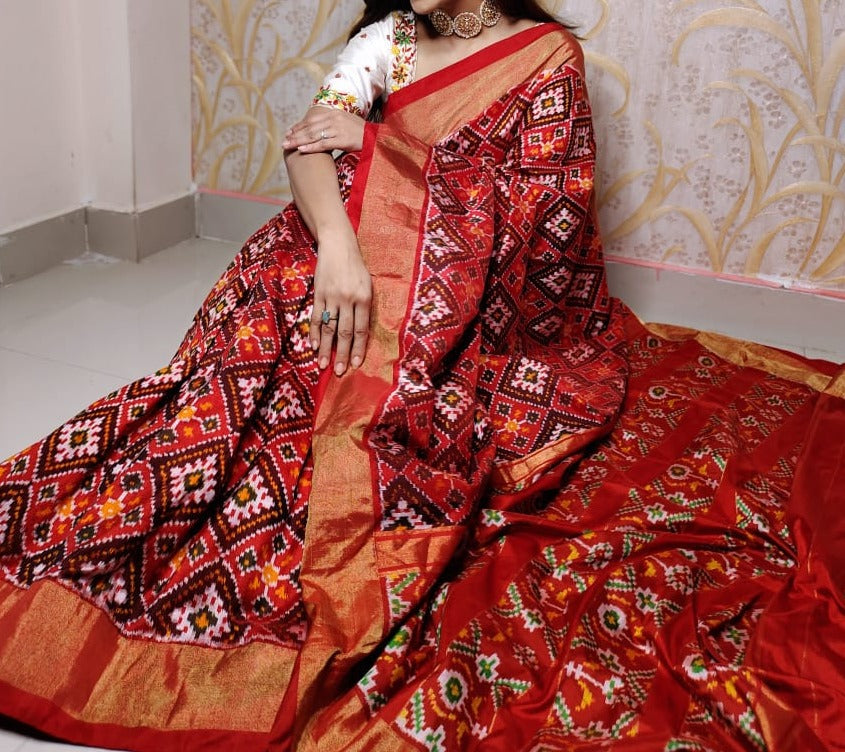 Classic Red Handwork Viscos Dola Silk Patola Saree Online – tapee.in