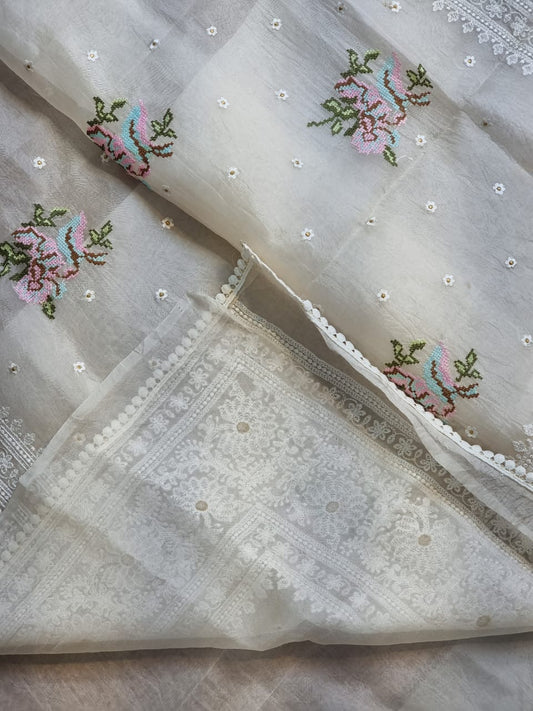 Paak | organza silk chikankari saree