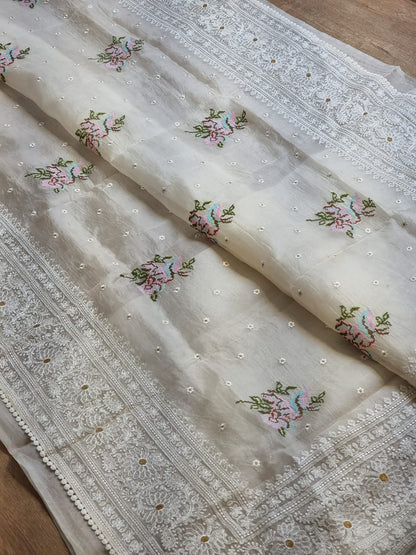 Paak | organza silk chikankari saree