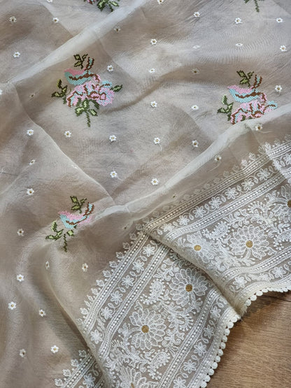 Paak | organza silk chikankari saree