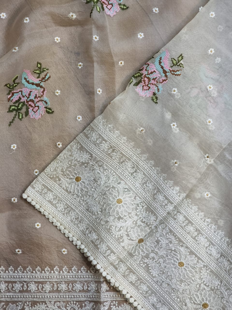 Paak | organza silk chikankari saree