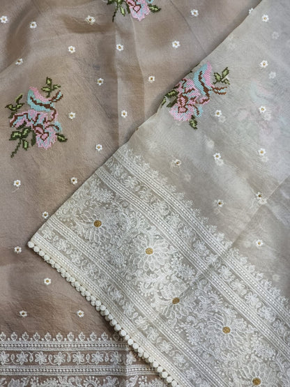 Paak | organza silk chikankari saree