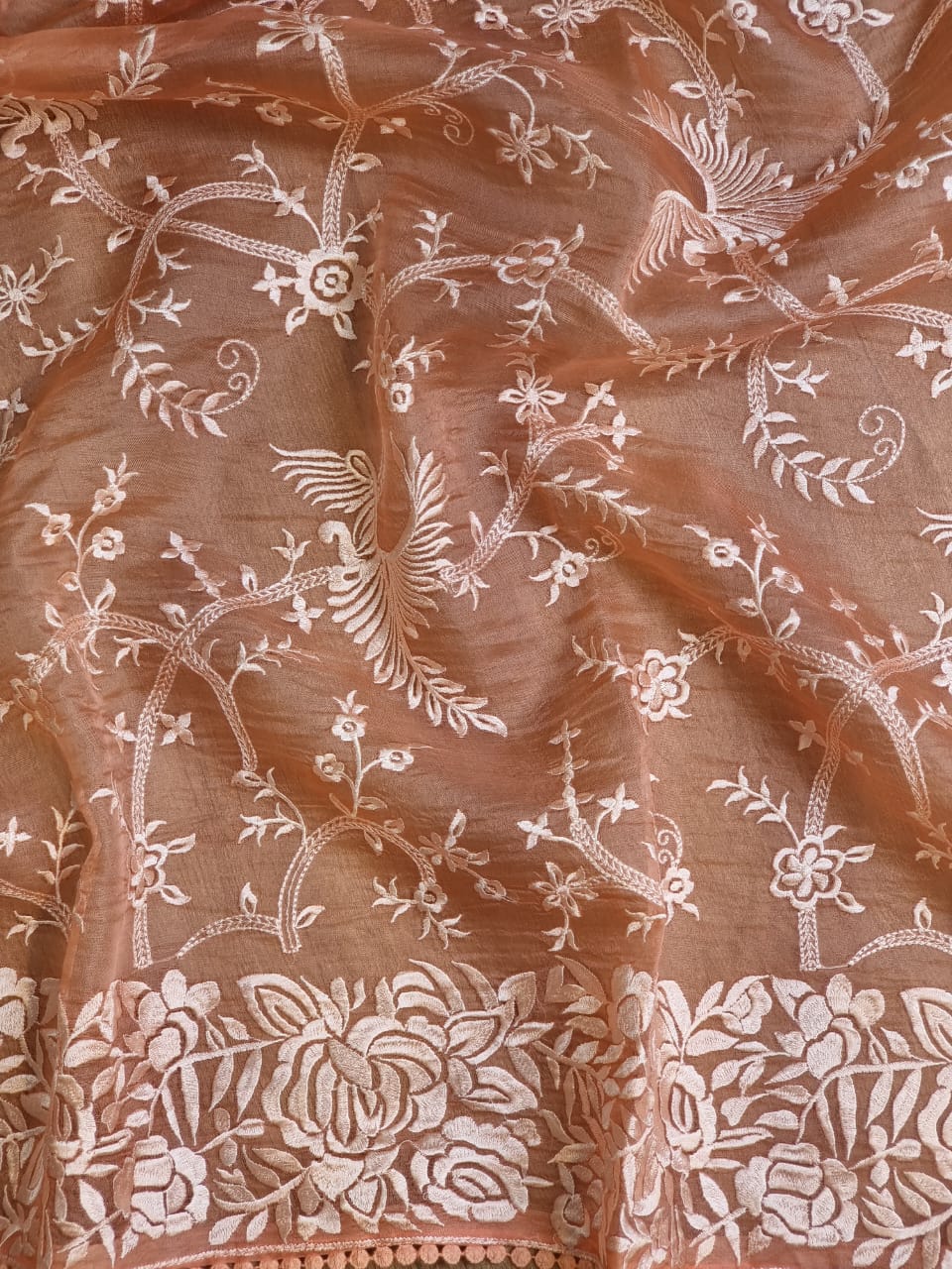 Organza silk parsi gara with embroidery and lace