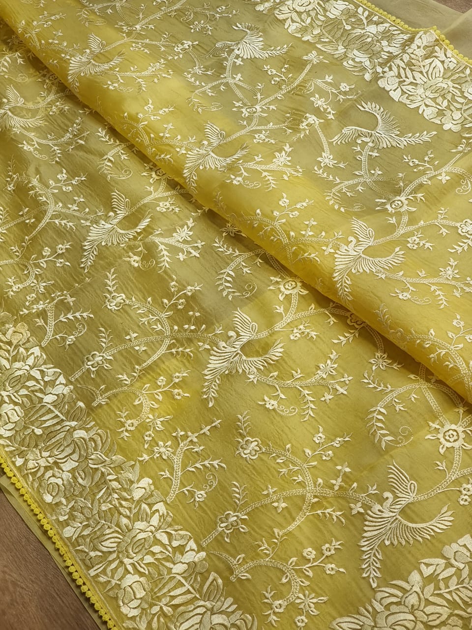 Organza silk parsi gara with embroidery and lace