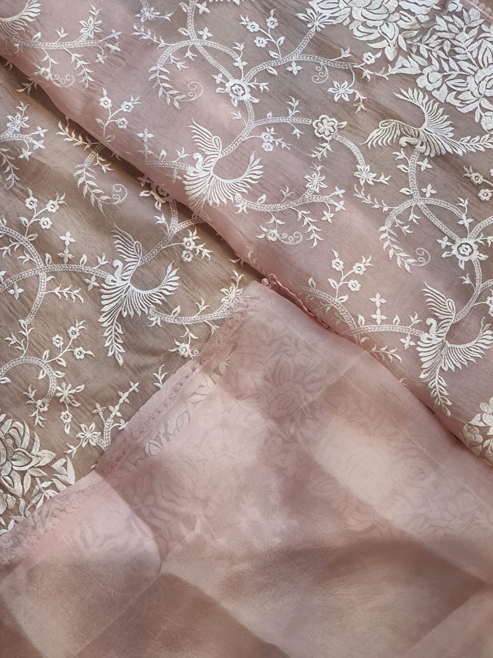 Organza silk parsi gara with embroidery and lace