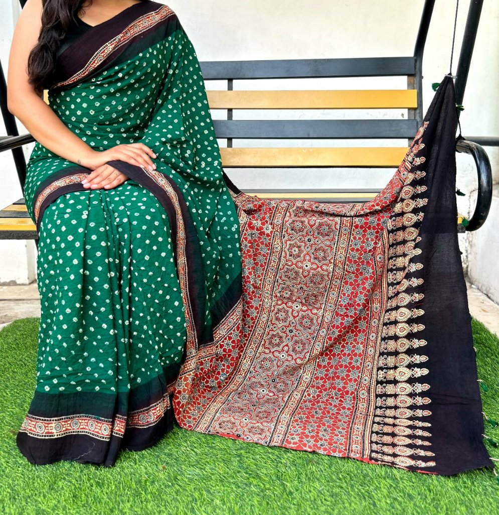 Stars in the sunshine | Cotton sarees with ajrak print border and bandhej body