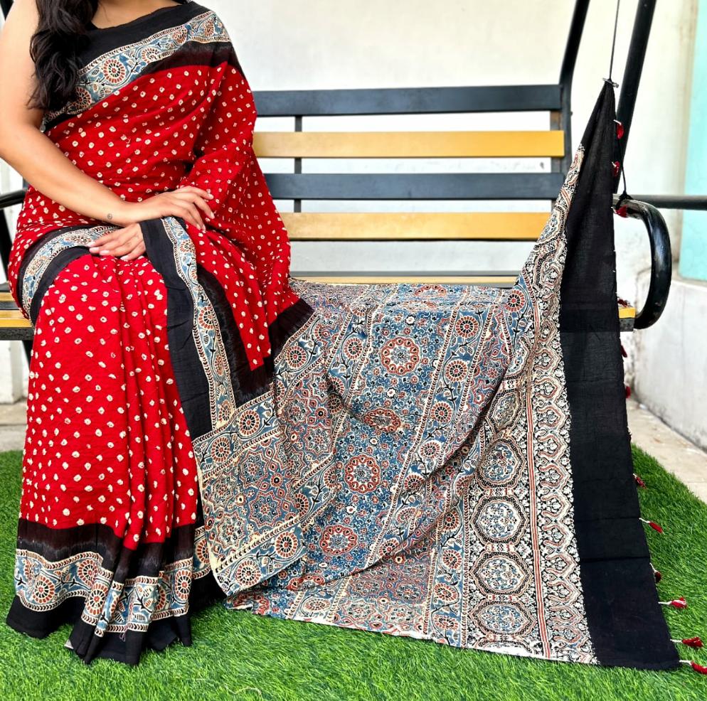 Stars in the sunshine | Cotton sarees with ajrak print border and bandhej body