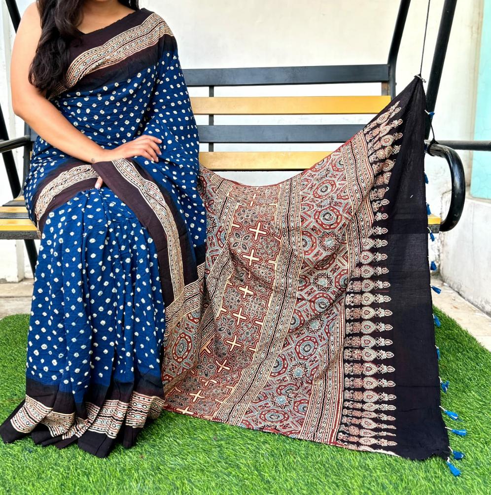 Stars in the sunshine | Cotton sarees with ajrak print border and bandhej body