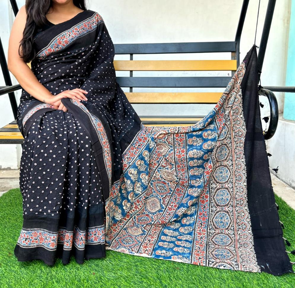 Stars in the sunshine | Cotton sarees with ajrak print border and bandhej body