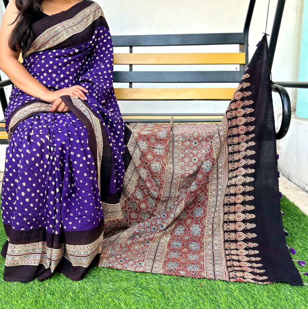 Stars in the sunshine | Cotton sarees with ajrak print border and bandhej body