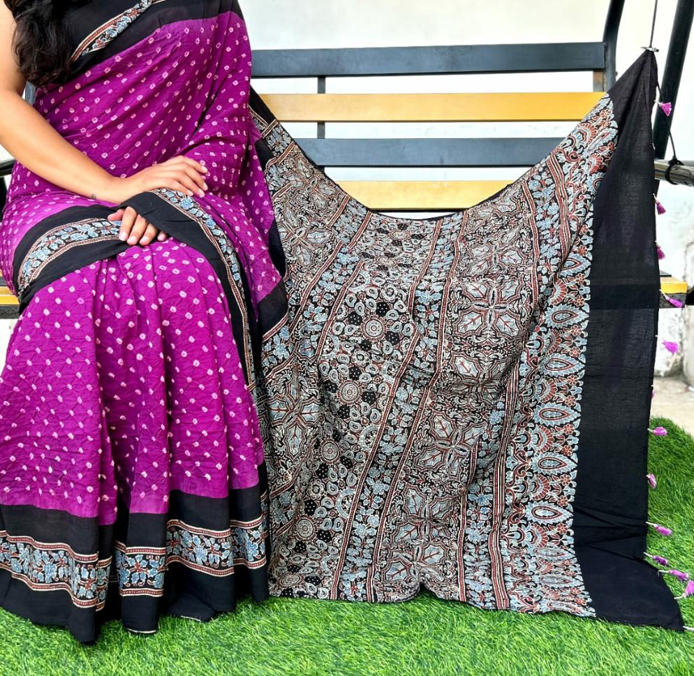 Stars in the sunshine | Cotton sarees with ajrak print border and bandhej body