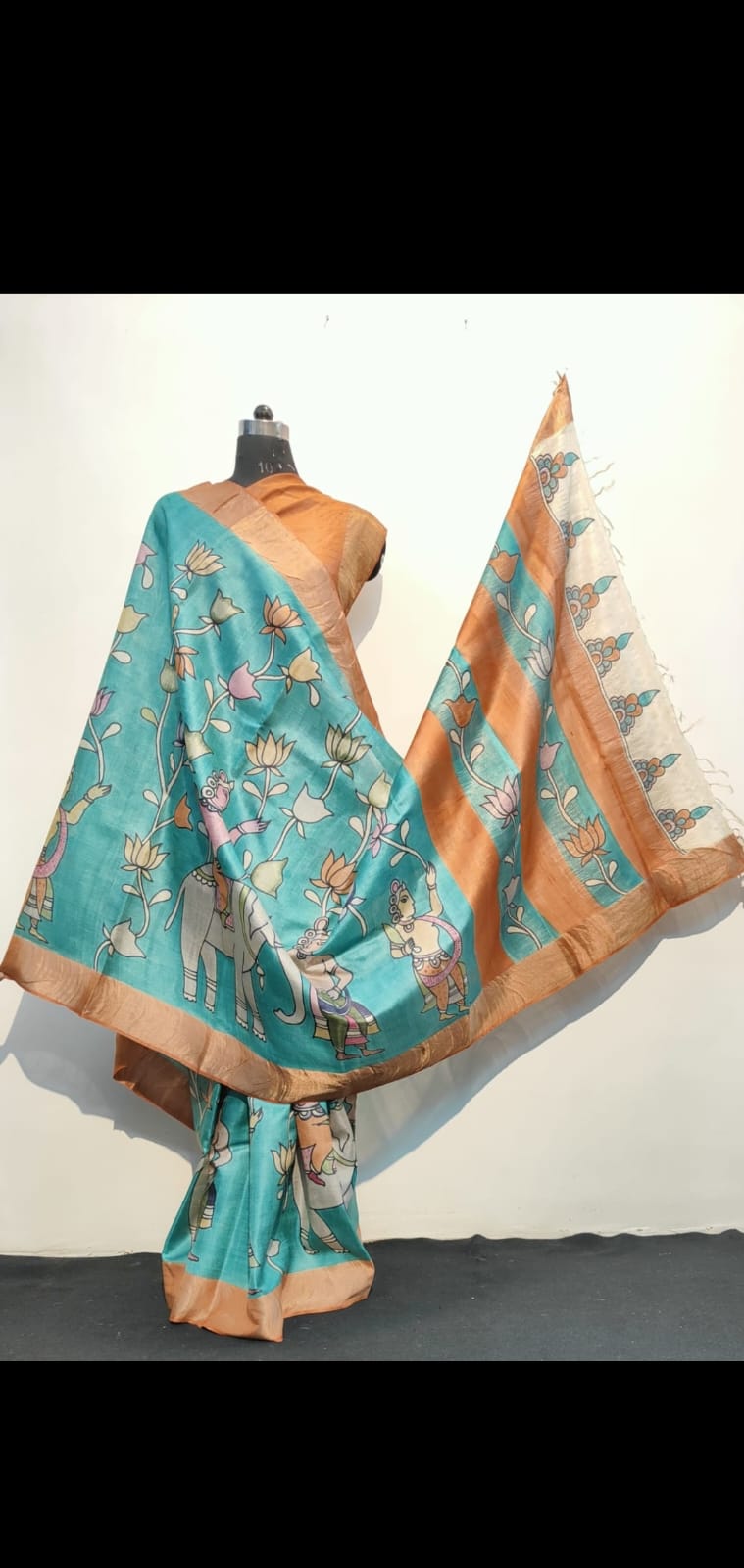 Scene at a pond | tussar saree with handpainted kalamkari