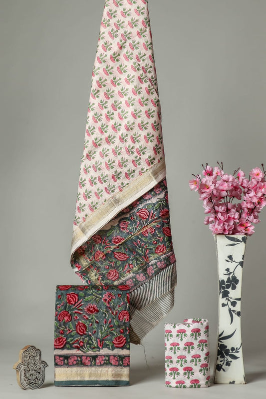 Lobelia | Hand block printed maheshwari silk fabric