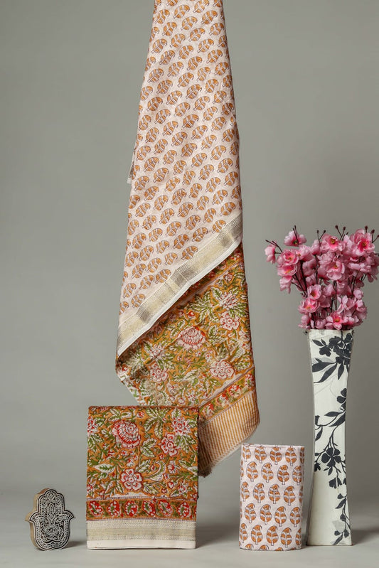 Marigold | Hand block printed maheshwari silk fabric