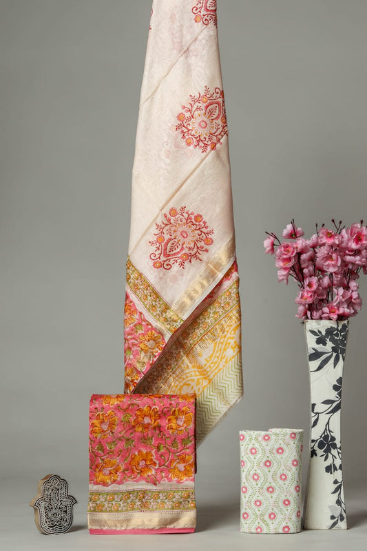Pansies | Hand block printed maheshwari silk fabric