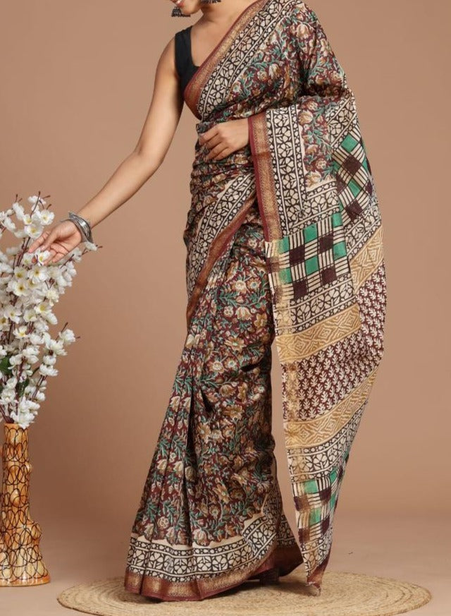 Aadhya | Maheshwari silk sarees with block print