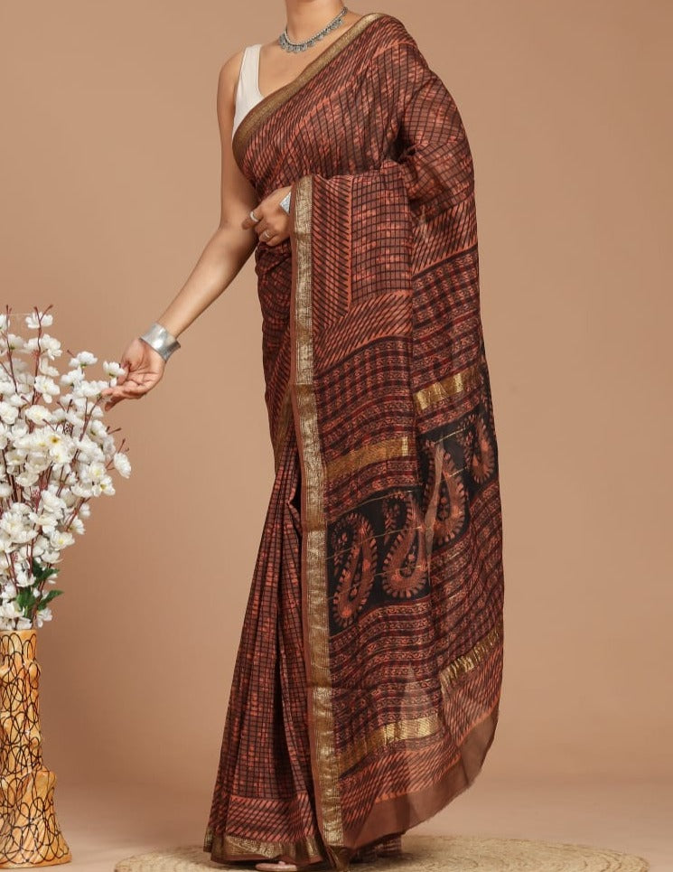 Advika | Cotton silk with a golden thread zari border with block print