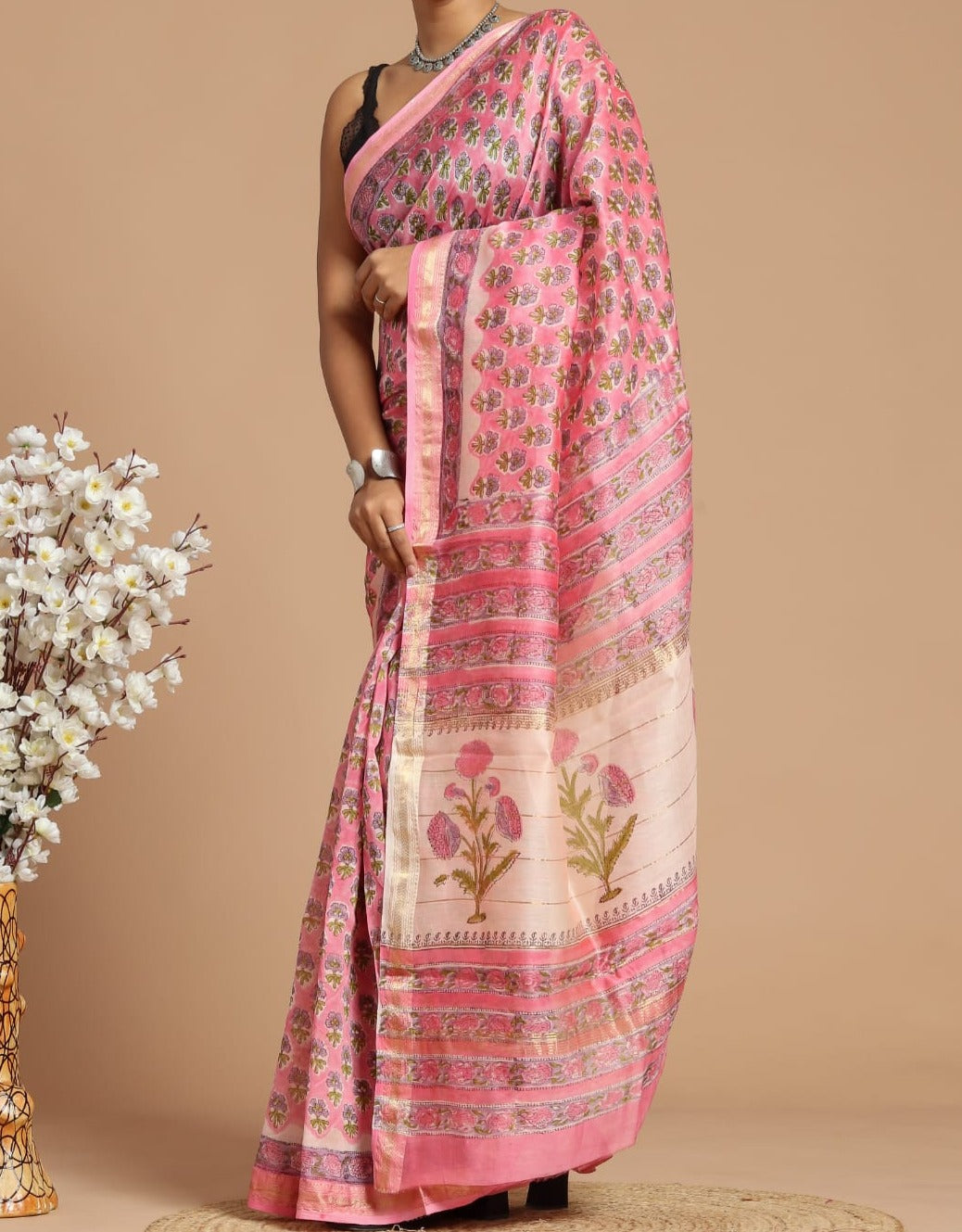 Anika| Cotton silk with a golden thread zari border with block print