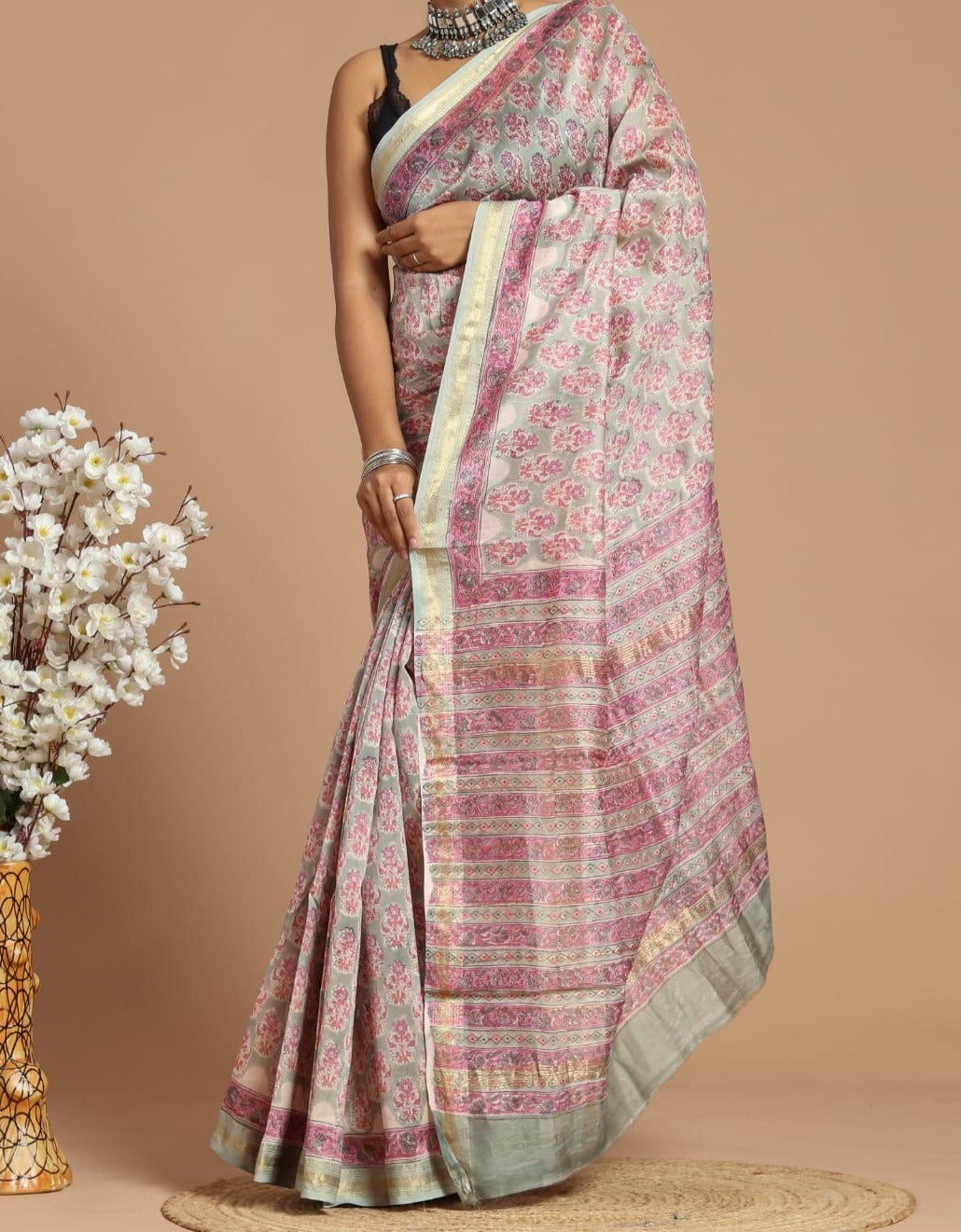 Anvi | Cotton silk with a golden thread zari border block print