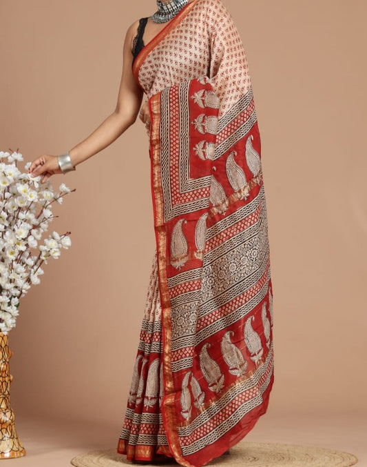 Chandani | Maheshwari silk sarees with block print