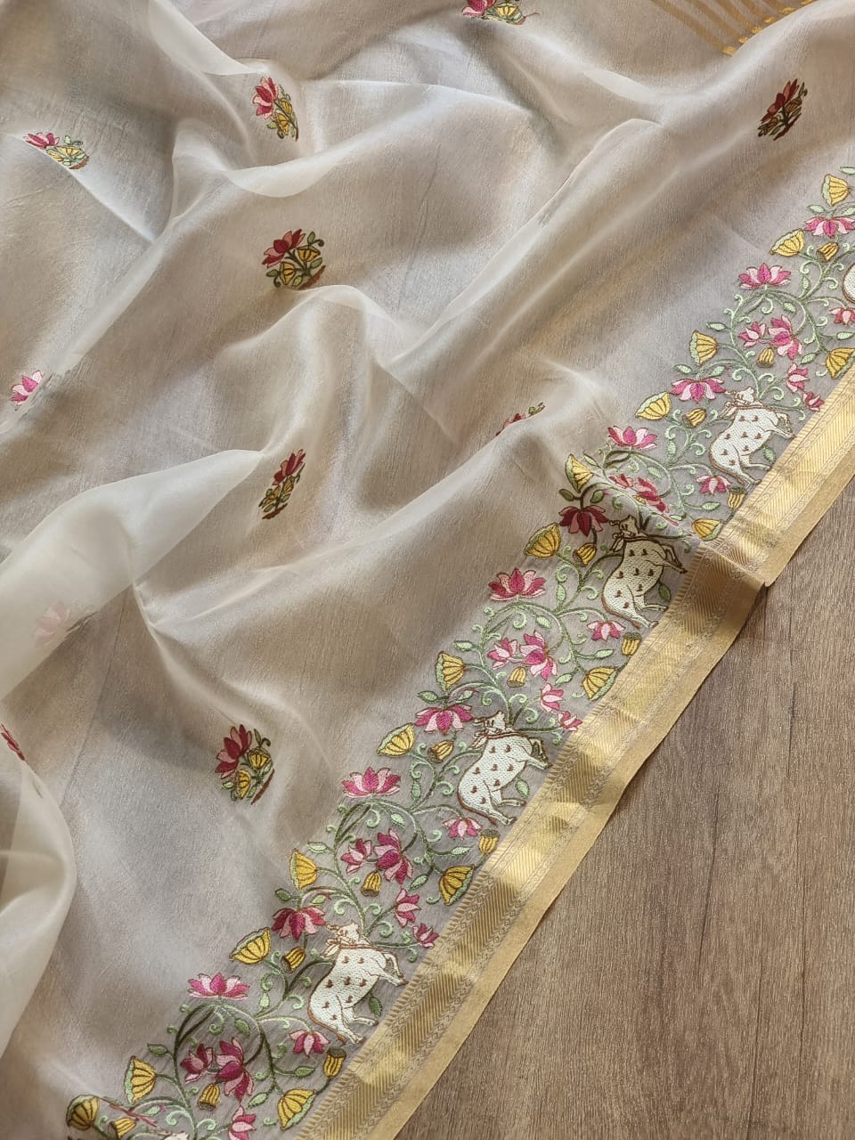 Pure Organza Silk PICHWAI Embroidery Work saree