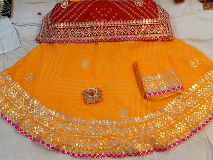 Bandhni lehengas in gota patti