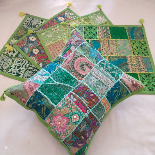 Gayatri | handmade vintage style kambadiya work cushion covers in PaleGreen color