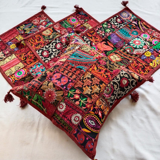 Arti | handmade vintage style kambadiya work cushion covers in maroon color