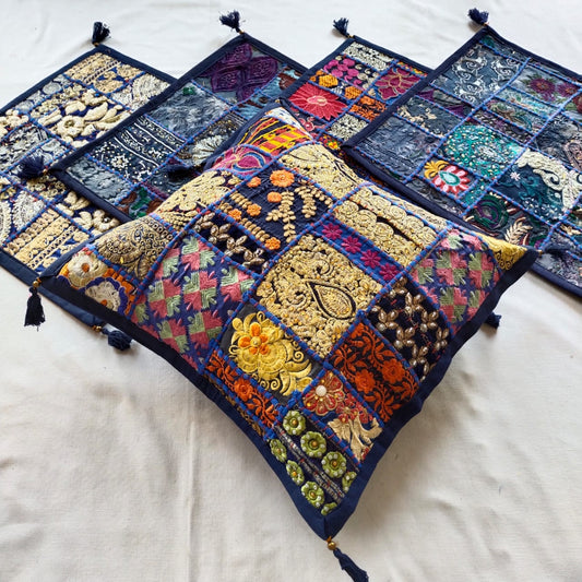 Kasi | handmade vintage style kambadiya work cushion covers in MidnightBlue color