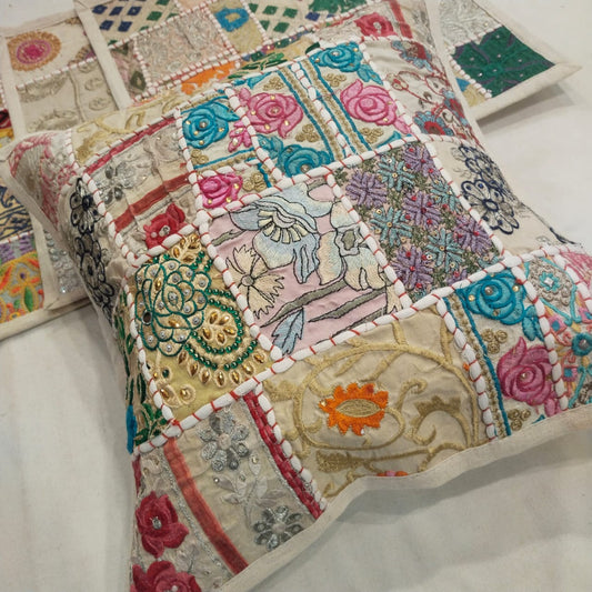 Gita | handmade vintage style kambadiya work cushion covers in White color