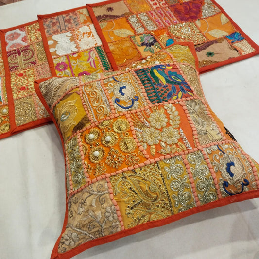 Ushas | handmade vintage style kambadiya work cushion covers in Orange color