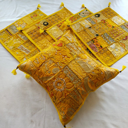 Inaaya  | handmade vintage style kambadiya work cushion covers in Yellow color