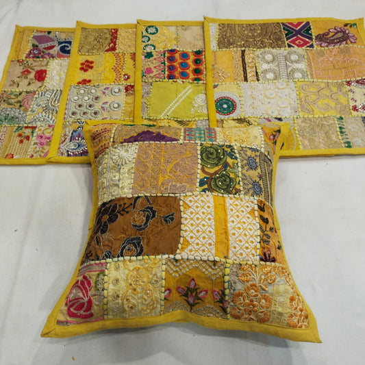 Asha | handmade vintage style kambadiya work cushion covers in LightYellow color