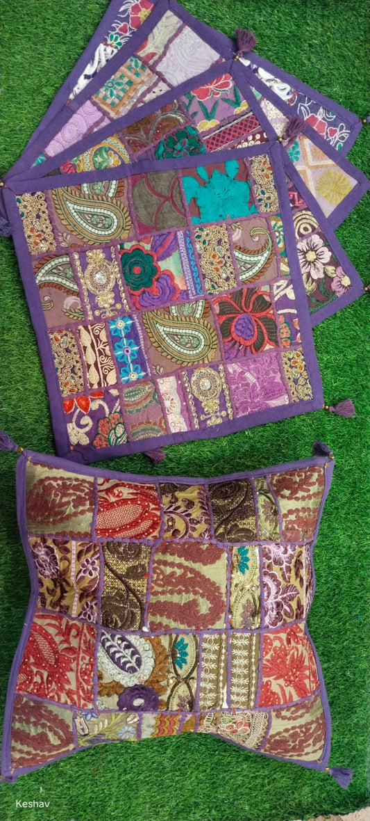 Sandhya | handmade vintage style kambadiya work cushion covers in Violet color