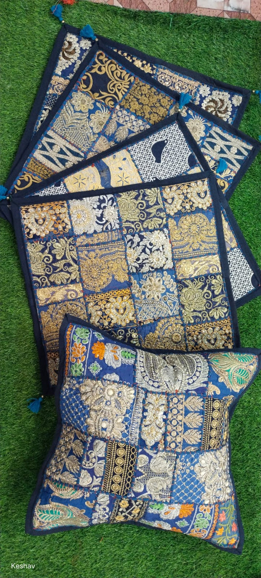 Hira | handmade vintage style kambadiya work cushion covers in Darkblue color