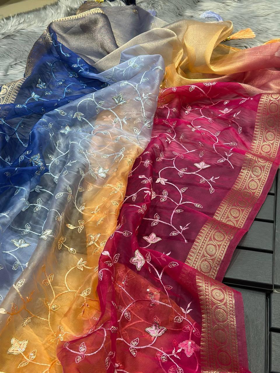 Kshitija |Pure soft organza silk saree with combination of red yellow and green color