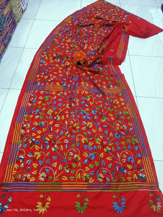 Ayla | Kantha Sarees On Bengalore Silk in Orangered Color