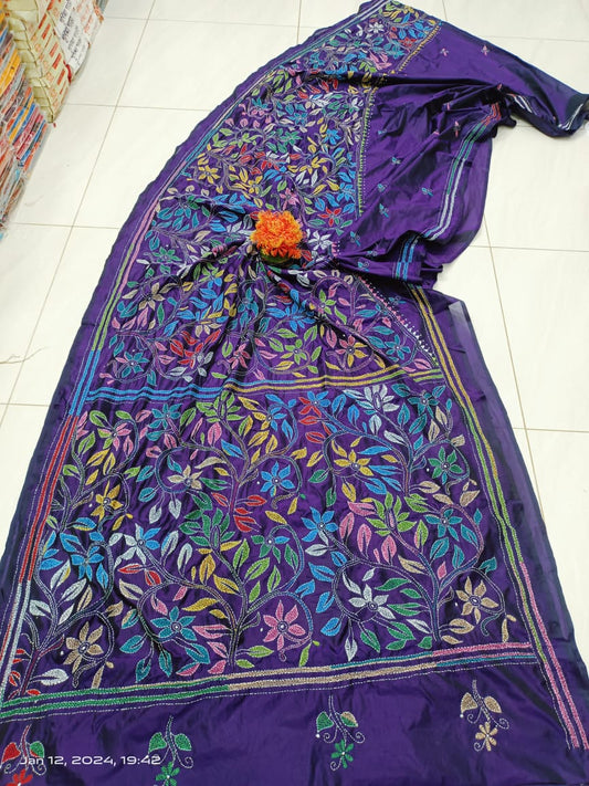 Aria | Kantha Sarees On Bengalore Silk in Deeppurple Color
