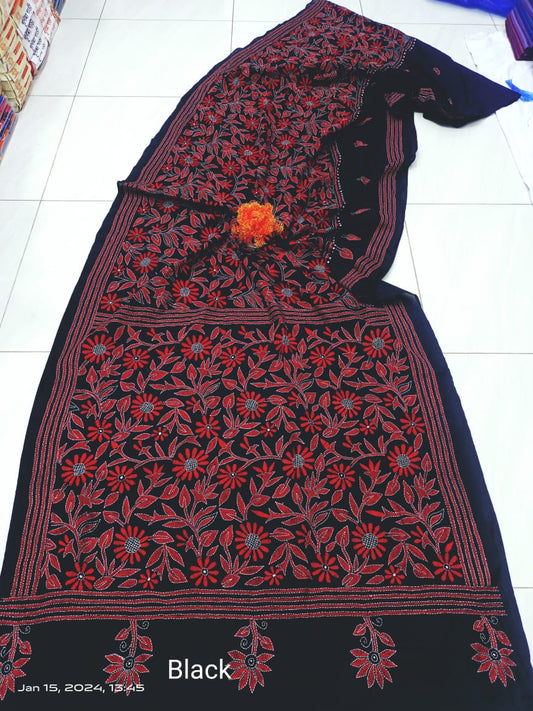 Aarya | Kantha Sarees On Bengalore Silk in Black Color