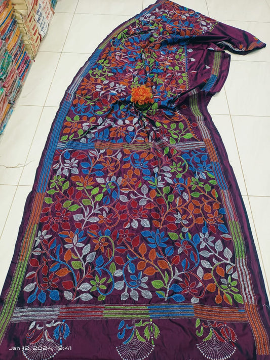 Jiyana | Kantha Sarees On Bengalore Silk in Darkmagenta Color